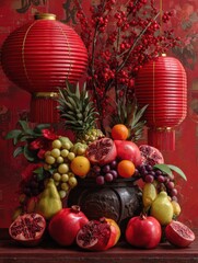 a festive arrangement showcases fruit with red pockets and lanterns