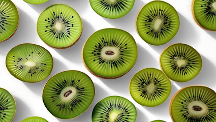 Fototapeta premium A flat lay of bright green kiwi slices arranged on a light background.