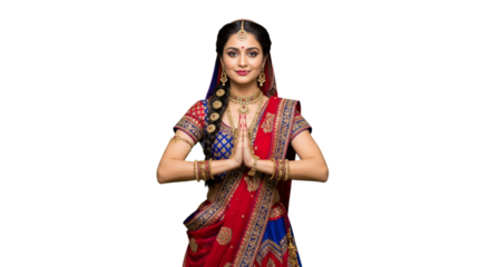 Radha in namaste pose, adorned in a colorful lehenga, isolated against a clean white background