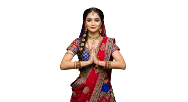 Radha in namaste pose, adorned in a colorful lehenga, isolated against a clean white background