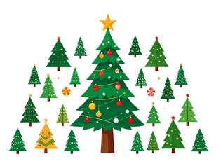 Christmas tree illustration with star and decorations on white background