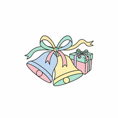 Pastel blue and yellow celebration bells with a decorative ribbon bow and a pink gift box illustration.