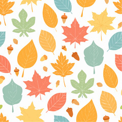A decorative seamless pattern featuring colorful autumn leaves and acorns in a flat design style.