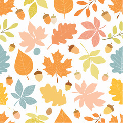 Colorful autumn leaves and acorns create a seamless pattern on a white background.