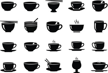 Fototapeta premium Collection of twenty black and white silhouette illustrations of various coffee cups and mugs with saucers and spoons