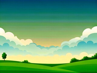Obraz premium summer landscape with green grass and blue sky. landscape, sky, grass, field, nature, green, summer, meadow, vector, sun, spring, cloud, hill, illustration, tree, sunset, sunrise, blue, horizon, cloud