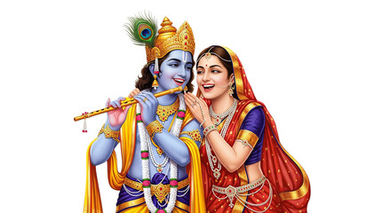 Krishna playfully whispers to Radha, sharing a joyful moment of laughter on a white background