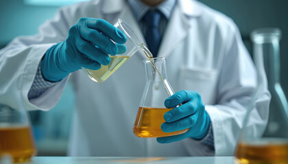 Scientist in lab coat, blue gloves pours yellow liquid between flasks. Conducting chemical experiment in laboratory research. Safety precautions with protective gear ensure accurate scientific