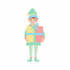 A charming cartoon Christmas elf in a pastel green suit and striped leggings holding a large, colorful gift box.
