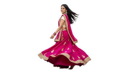 Radha walks gracefully in a flowing skirt, her gaze turned back against a bright white background