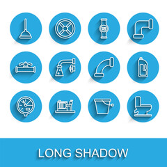 Fototapeta premium Set line Water meter, Electric water pump, Rubber plunger, Bucket, Toilet bowl, tap, Container with drain cleaner and Industry metallic pipe icon. Vector
