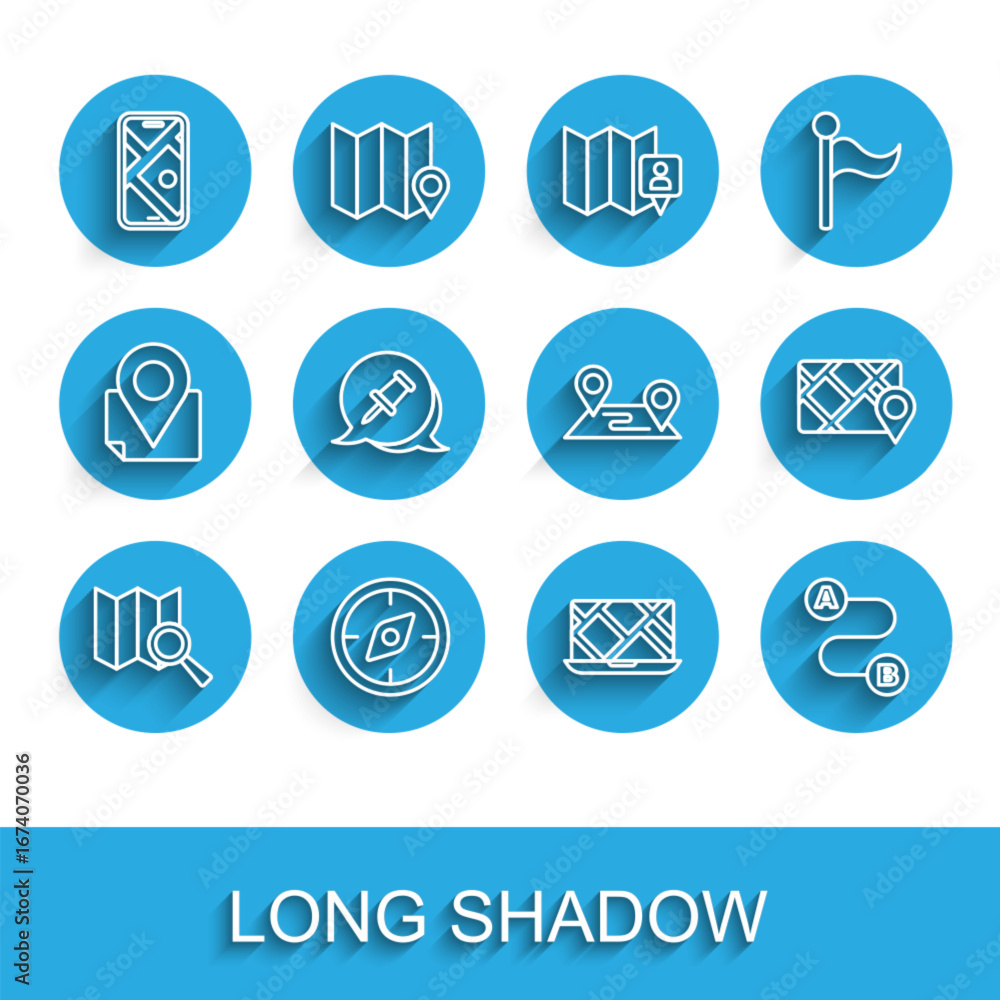 Poster set line search location, compass, city map navigation, route, push pin, gps device with and icon. v