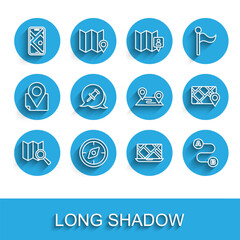 Set line Search location, Compass, City map navigation, Route, Push pin, Gps device with and icon. Vector