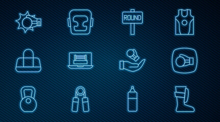 Set line Sport boxing shoes, Boxing glove, ring board, bag, Punch, and helmet icon. Vector