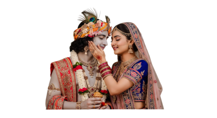 Radha shows affection by touching Krishna's cheek in a tender moment on a white background