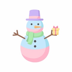 Pastel Snowman with Gift, Light Blue and Pink Body, Purple Top Hat.