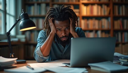 Frustrated young man sits at cluttered library desk late at night, studying with laptop, papers. Feels overwhelmed, tired, anxious, showing intense concentration, determination to complete academic