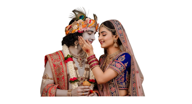 Radha shows affection by touching Krishna's cheek in a tender moment on a white background