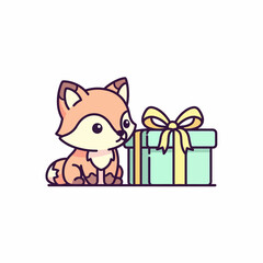 Adorable Cartoon Fox Cub Sitting Beside a Pastel Green Gift Box.