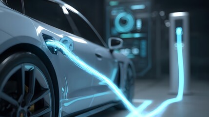 Naklejka premium Close-up of an electric car charging. EV power cable plugged into a modern white vehicle with a glowing blue socket. Sustainable transport concept.