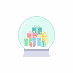 A charming glass snow globe illustration with a colorful stack of wrapped gift boxes and festive ribbons inside.