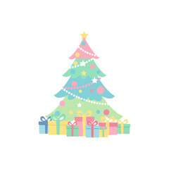 Pastel Christmas Tree with Stack of Presents.
