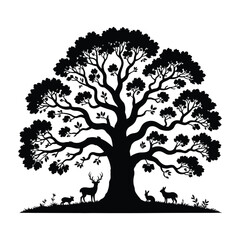 Mature Tree Silhouette Illustration with Wildlife Deer and Rabbits in Natural Setting