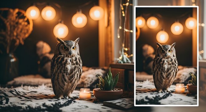 Close-up of a carved owl figurine in a cozy, dimly lit room. - Powered by Adobe