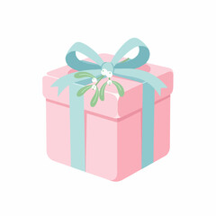 Pink Gift Box with Blue Ribbon and Mistletoe Decoration.