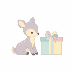 Adorable Pastel-Colored Fawn Sitting Beside a Gift Box.