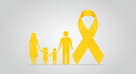 Yellow silhouette family holding hands beside awareness ribbon on gray background, banner template for childhood cancer awareness month family support health care and charity campaign with copyspace