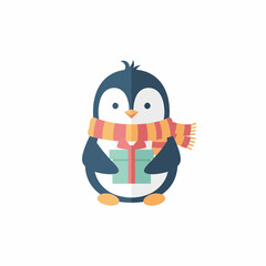 Cute cartoon penguin in a striped scarf holding a wrapped gift box, flat design illustration.