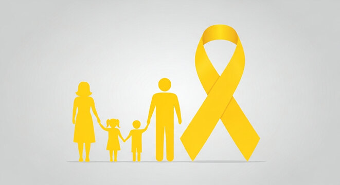 Yellow silhouette family holding hands beside awareness ribbon on gray background, banner template for childhood cancer awareness month family support health care and charity campaign with copyspace