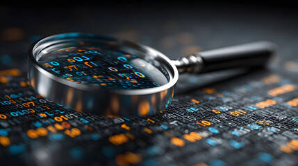 Magnifying glass focusing on binary code representing data analysis 