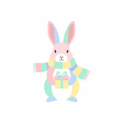 Pastel Rabbit with Scarf Holding Gift.
