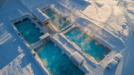 Aerial view of hot spring pools in snowy forest.