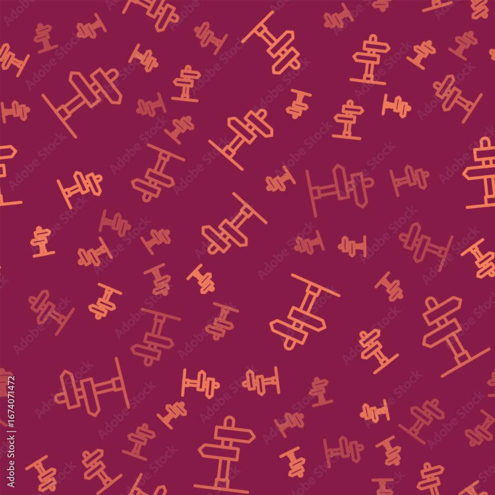 Poster brown line road traffic sign. signpost icon isolated seamless pattern on red background. pointer sym