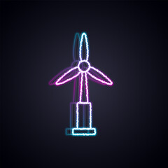Glowing neon line Wind turbine icon isolated on black background. Wind generator sign. Windmill for electric power production. Vector