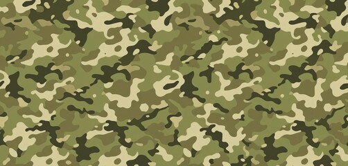 Abstract seamless camouflage pattern featuring muted greens, browns, and grays,  geometric,  digital