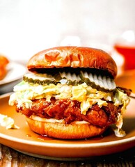 Crispy Fried Chicken Sandwich with Coleslaw and Pickles
