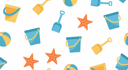 Cheerful Beach Toys - Buckets, Shovels, Starfish, and Balls.
