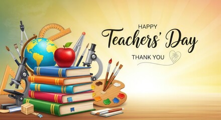 Happy teachers' day with books globe microscope and art supplies illustration