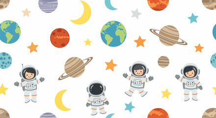 Whimsical seamless pattern of cute cartoon astronauts floating among colorful planets, stars, and moons in a hand-drawn style.