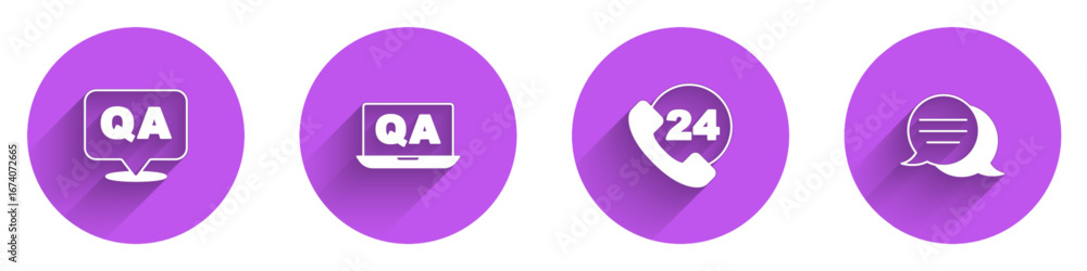 Poster set question and answer, , telephone 24 hours support and speech bubble chat icon with long shadow. 