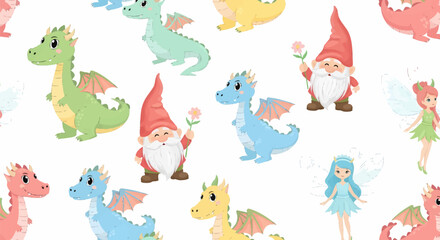 Naklejka premium Whimsical seamless pattern of cute cartoon dragons, friendly gnomes with flowers, and delicate fairies.