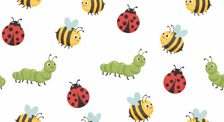 Cute Cartoon Insects Pattern with Ladybugs, Bees, and Caterpillars. © Amir