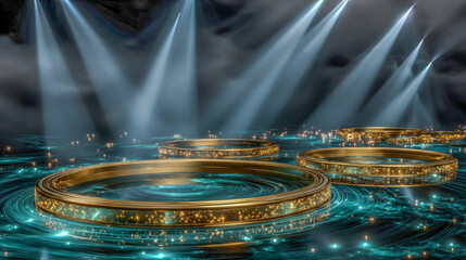 Glowing circular rings form a mesmerizing tunnel of light with radiant turquoise and golden hues in a captivating digital realm