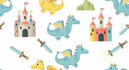 Whimsical seamless pattern featuring cute blue dragons, colorful castles, and shining swords in a fantasy style.