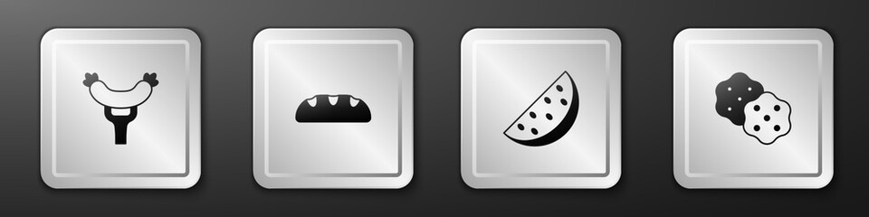 Set Sausage on the fork, Bread loaf, Watermelon and Cracker biscuit icon. Silver square button. Vector