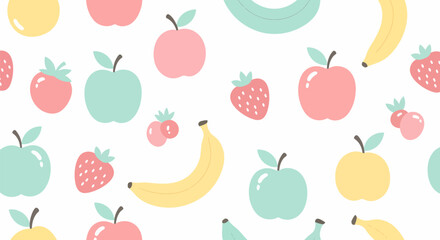A cute, seamless pattern of stylized pastel fruits, including pink apples, yellow bananas, and red strawberries.